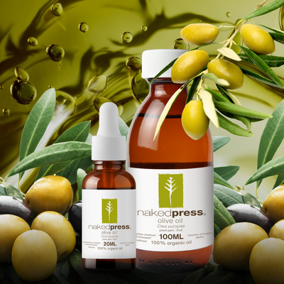A bottle of refined olive oil alongside a dropper bottle, set against a backdrop of olive branches and olives. The oil bottle has a label indicating it is '100% Organic', 'Refined', and provides a size of 100ml.